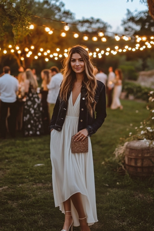 A woman wears a flowy A-line wedding guest dress and a dark denim jacket, accessorized with a clutch and neutral heels, posing under string lights at an outdoor wedding reception