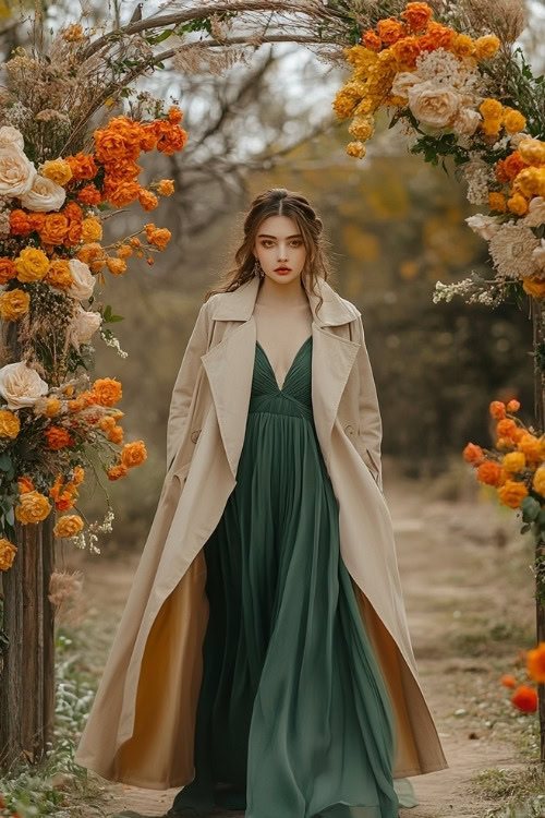 A woman wears a forest green dress with a beige trench coat, posing near the wedding arch decorated with orange and yellow flowers