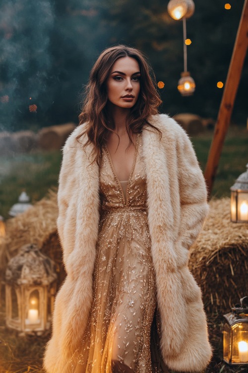 A woman wears a gold wedding guest dress with a cream fur coat, standing near a cozy outdoor wedding surrounded by hay bales and lanterns,