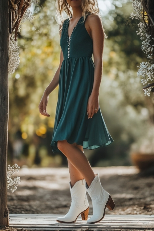 A woman wears a green dress and white ankle cowboy boots