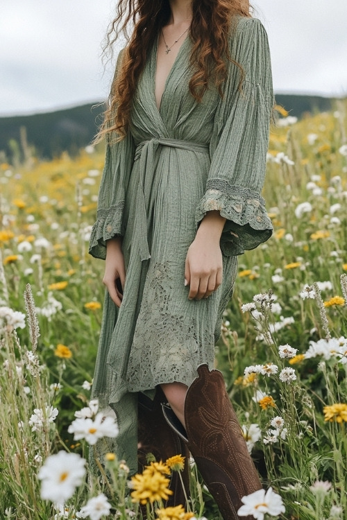 A woman wears a green long-sleeve dress and brown cowboy boots