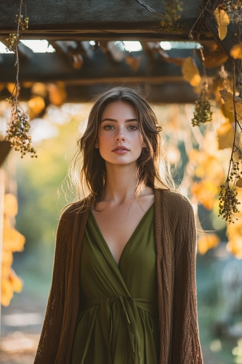 A woman wears a green wrap dress with a brown cardigan, standing near a wedding pergola decorated with hanging autumn leaves (2)