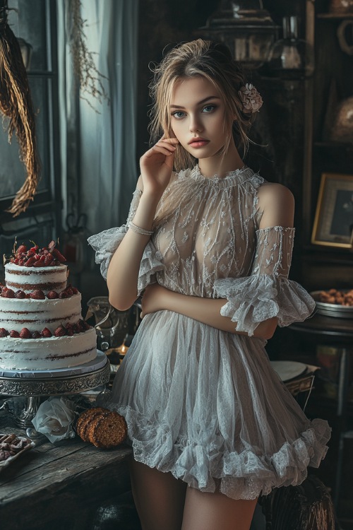 A woman wears a light blue wedding guest dress with a sheer bodice