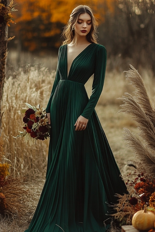 A woman wears a long green pleated wedding guest dress with long sleeves