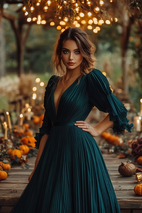 A woman wears a long green pleated wedding guest dress with puff sleeves