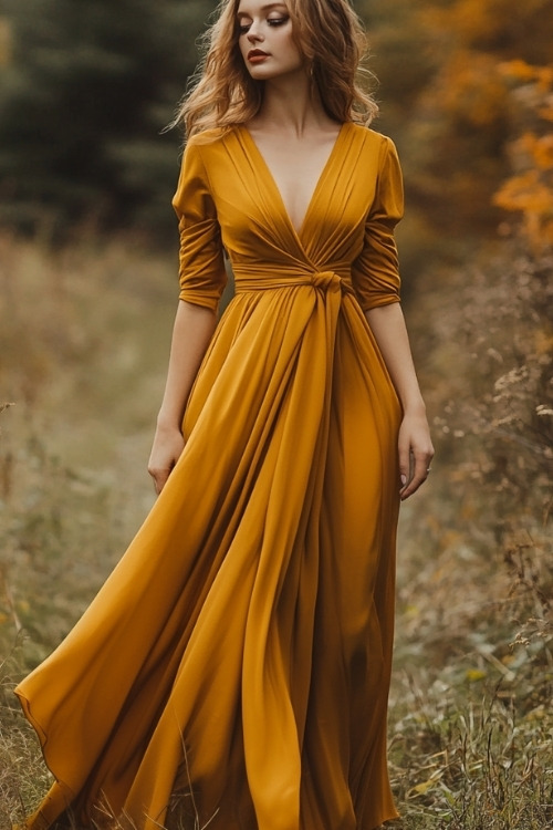 A woman wears a long mustard V neck wedding guest dress with sleeves