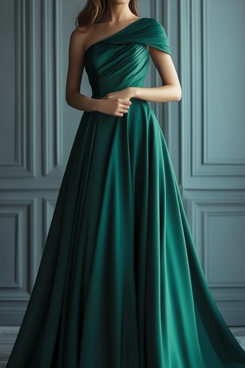 A woman wears a long one shoulder satin green wedding guest dress