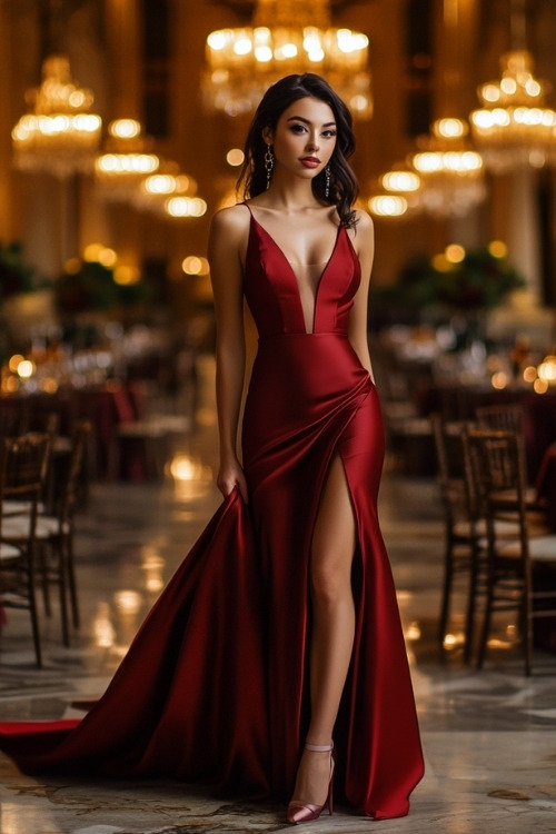 A woman wears a long red satin wedding guest dress with a thigh slit