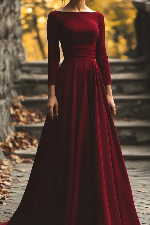 A woman wears a long red wedding guest dress with long sleeves (2)