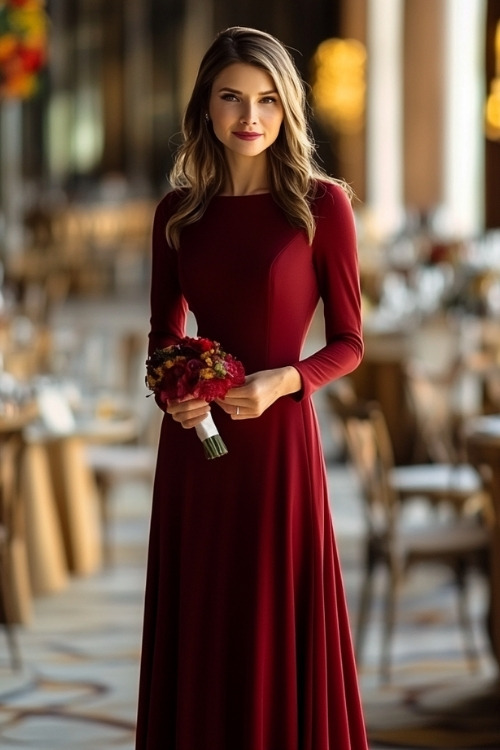 A woman wears a long red wedding guest dress with long sleeves