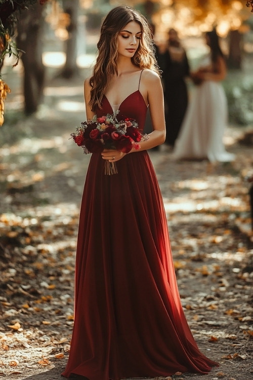 A woman wears a long red wedding guest dress with spaghetti straps