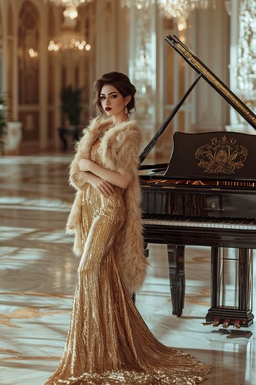 A woman wears a long-sleeve sequin gown with a plunging neckline and fur gloves, standing in front of a grand hotel entrance at night