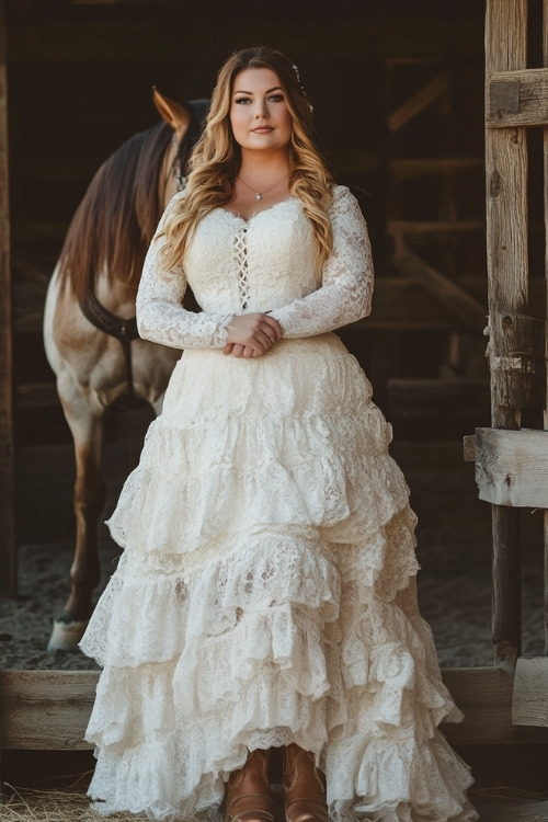 A woman wears a long-sleeved cream lace tiered gown with a corset-style bodice and brown cowboy boots