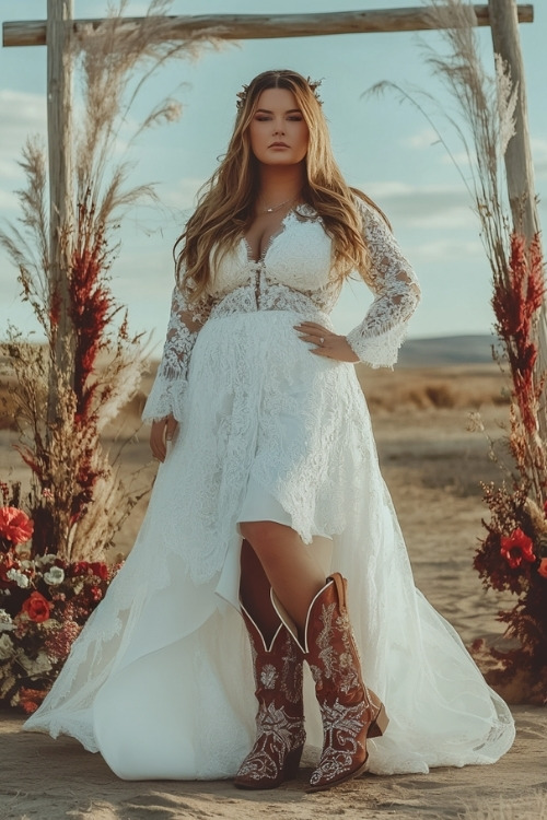 A woman wears a long-sleeved white lace wedding dress with a high-low hem and embroidered brown cowboy boots