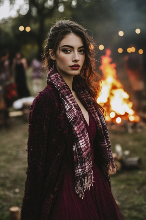 A woman wears a maroon dress with a plaid scarf and jacket, attending a rustic October wedding with a bonfire in the background (2)