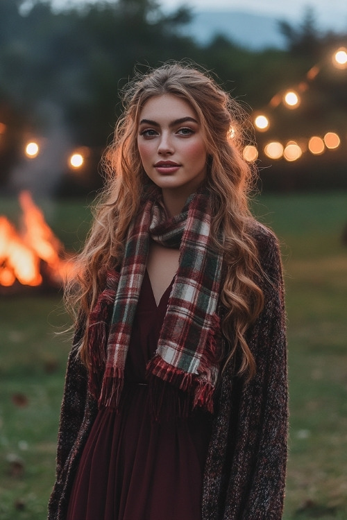 A woman wears a maroon dress with a plaid scarf and jacket, attending a rustic October wedding with a bonfire in the background (3)