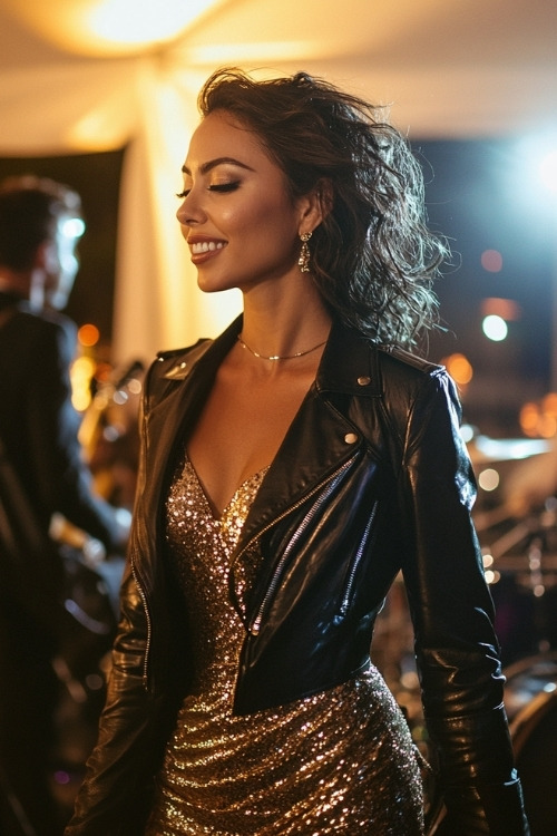 A woman wears a metallic wedding guest dress with a cropped leather jacket, standing near a live band at a modern wedding reception (2)