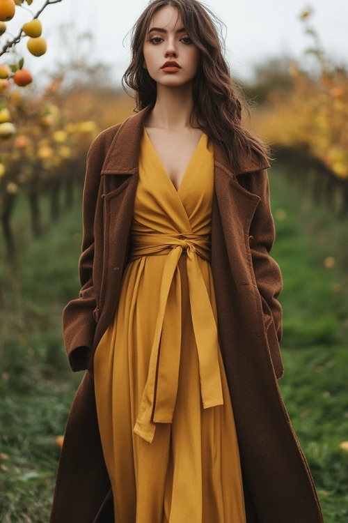 A woman wears a mustard yellow wrap dress with a long brown coat, attending an October wedding in an apple orchard