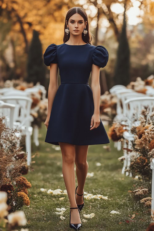 A woman wears a navy blue short fall wedding guest dress with puff sleeves and an A-line skirt, paired with black block heels