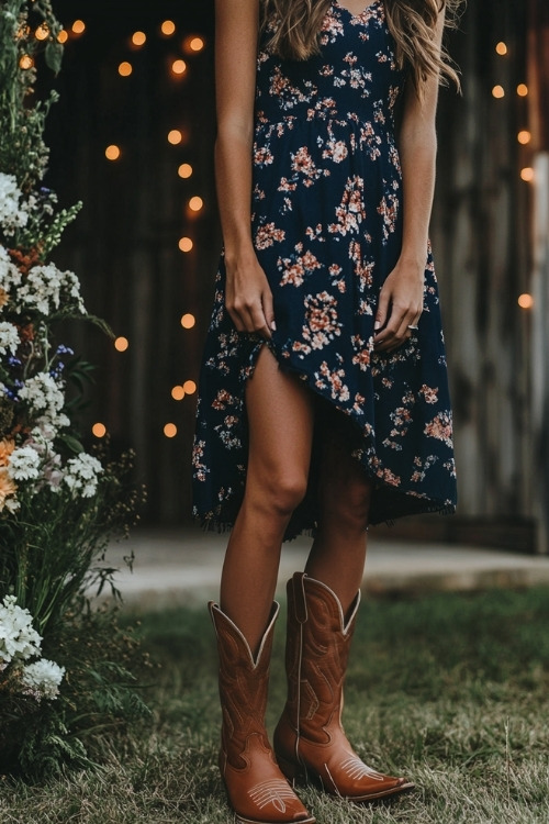 A woman wears a navy floral dress and brown cowboy boots