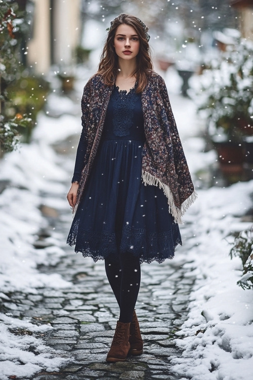 A woman wears a navy wedding guest dress with a dark patterned shawl and black tights