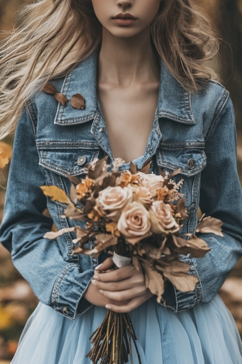 A woman wears a pastel blue wedding guest dress and a distressed denim jacket, holding a bouquet at a garden wedding with autumn leaves falling around her (2)