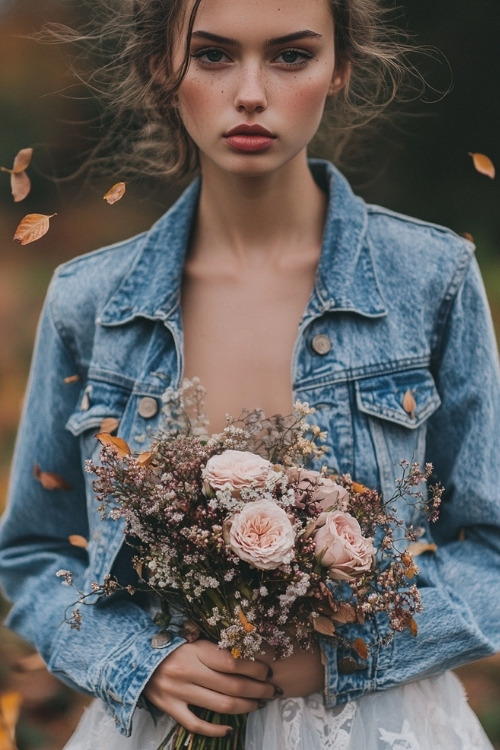 A woman wears a pastel blue wedding guest dress and a distressed denim jacket, holding a bouquet at a garden wedding with autumn leaves falling around her