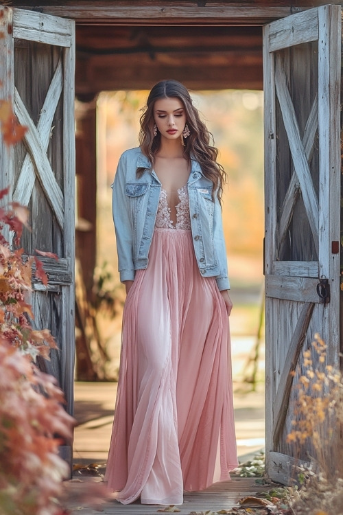 A woman wears a pastel pink wedding guest dress with an oversized light-wash jeans jacket, standing near a rustic barn wedding entrance, fall foliage around