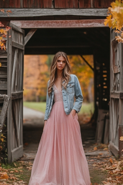 A woman wears a pastel pink wedding guest dress with an oversized light-wash jeans jacket, standing near a rustic barn wedding entrance