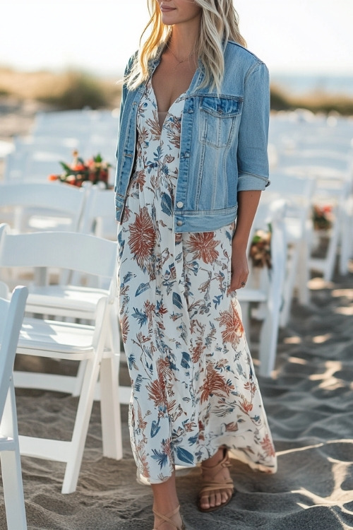 A woman wears a patterned maxi wedding guest dress and a light denim jacket with sandals, attending a beachside fall wedding ceremony, with white chairs arranged along the sand