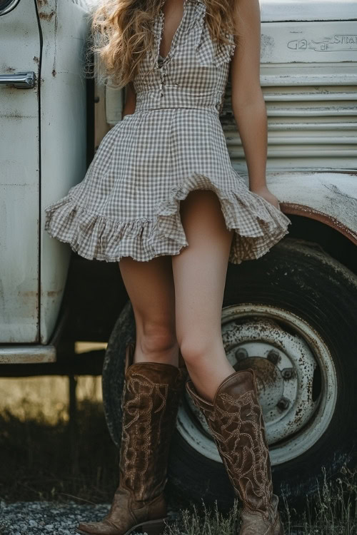 A woman wears a plaid mini dress with a ruffle hem and brown cowboy boots