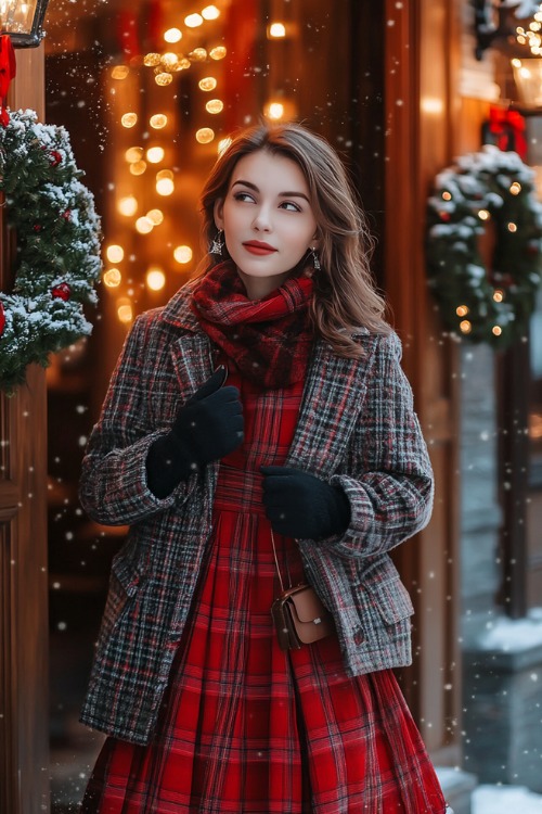 A woman wears a red plaid wedding guest dress with a dark plaid coat and a leather bag