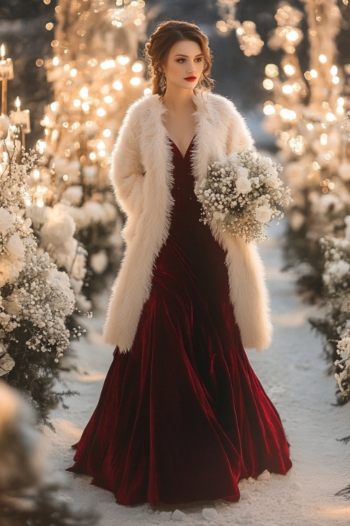 A woman wears a red wedding guest dress with a white fur coat