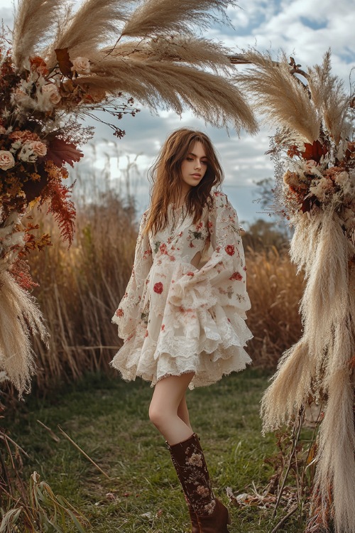 A woman wears a short floral wedding guest dress with brown floral boots