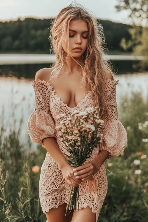 A woman wears a short pink lace wedding guest dress with off-the-shoulder sleeves