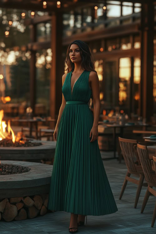 A woman wears a sleeveless emerald green midi dress with pleated detailing, standing near a wedding reception venue with cozy fire pits and rustic wooden accents (2)