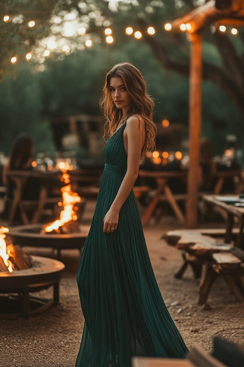 A woman wears a sleeveless emerald green midi dress with pleated detailing, standing near a wedding reception venue with cozy fire pits and rustic wooden accents