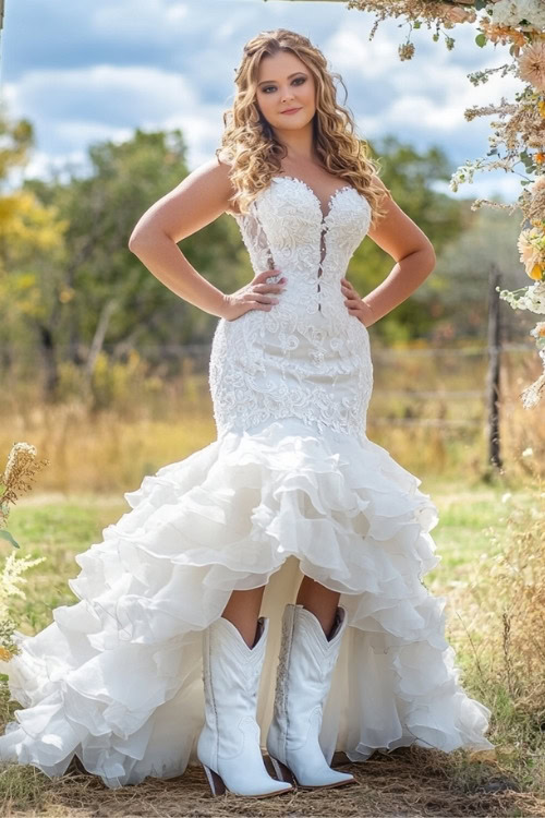 A woman wears a strapless white lace mermaid wedding gown with a ruffled train and white cowboy boots