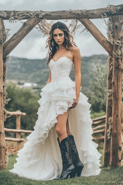 A woman wears a strapless white ruffle wedding dress with black cowboy boots