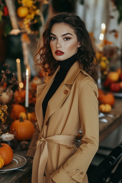 A woman wears a turtleneck midi dress with a trench coat, posing near a fall-themed wedding table with pumpkins and candles (2)