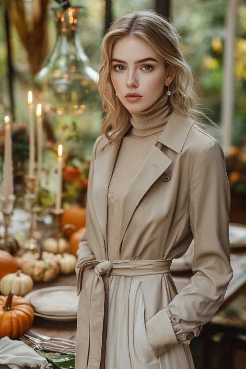 A woman wears a turtleneck midi dress with a trench coat, posing near a fall-themed wedding table with pumpkins and candles