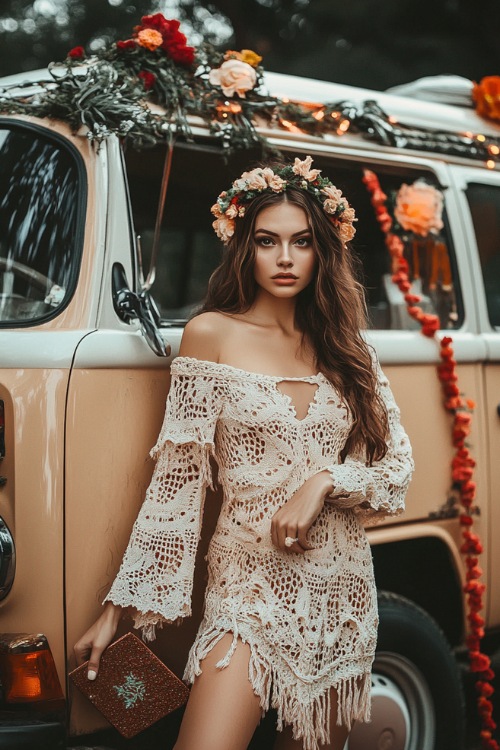 A woman wears a white crochet wedding guest dress with floral crown