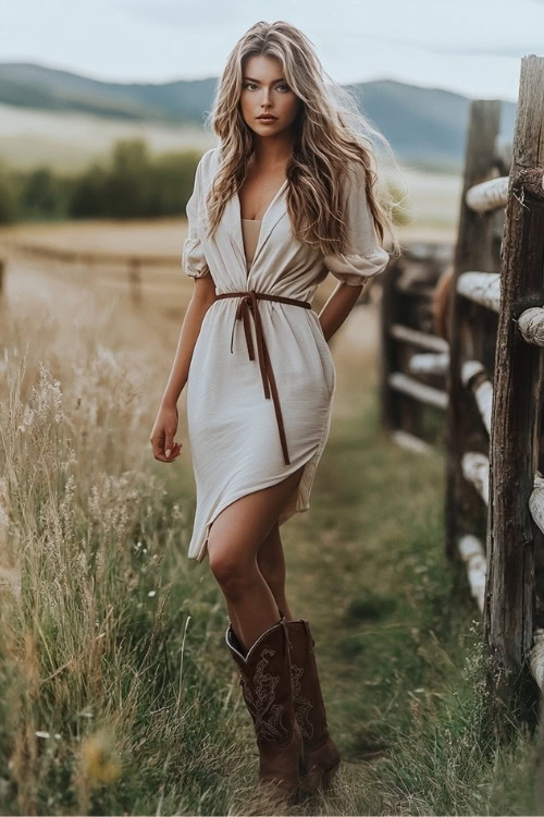 A woman wears a white dress with a thin brown belt and brown cowboy boots