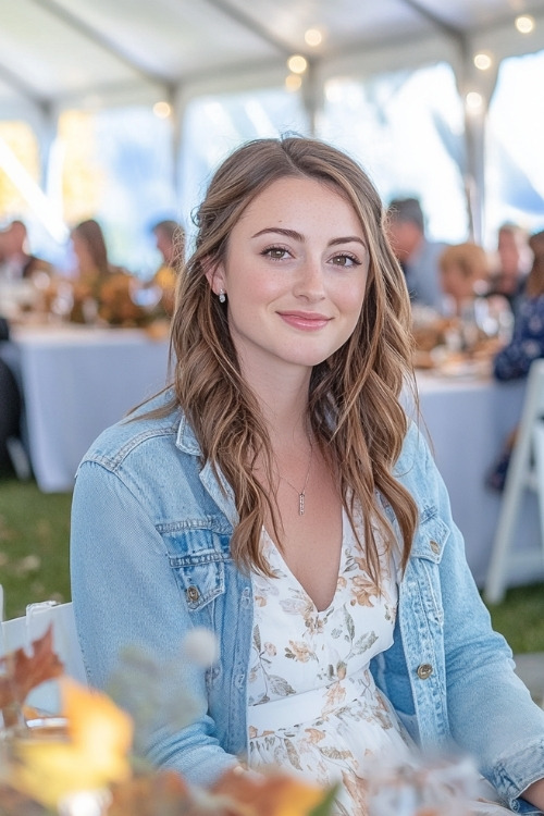 A woman wears a white floral dress with a light blue jeans jacket and ballet flats, sitting at a reception table under a fall-themed wedding tent