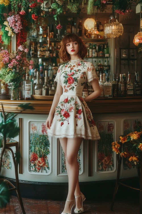 A woman wears a white floral wedding guest dress with matching heels