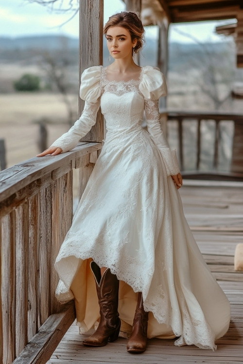 A woman wears a white high low wedding dress and brown cowboy boots