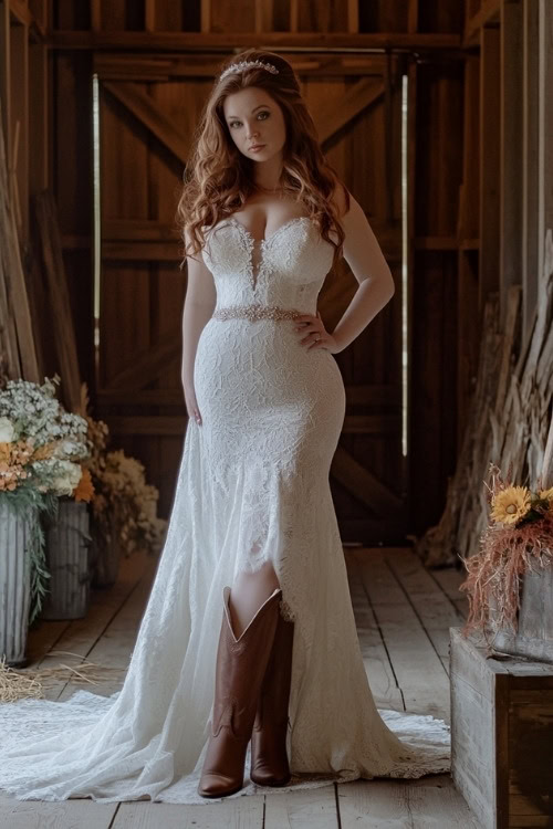 A woman wears a white lace strapless wedding dress and brown cowboy boots