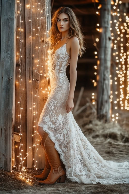 A woman wears a white lace wedding dress with brown cowboy boots