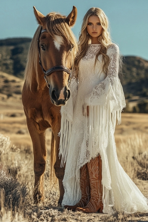 A woman wears a white lace wedding dress with fringe and brown cowboy boots