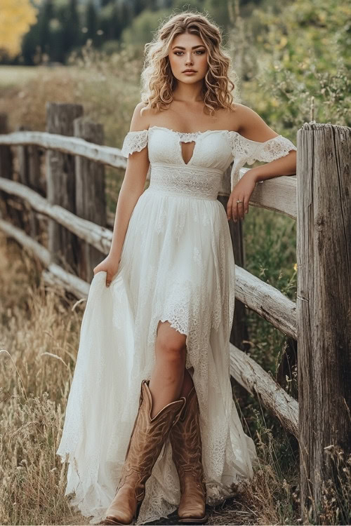 A woman wears a white off the shoulder wedding dress and brown cowboy boots